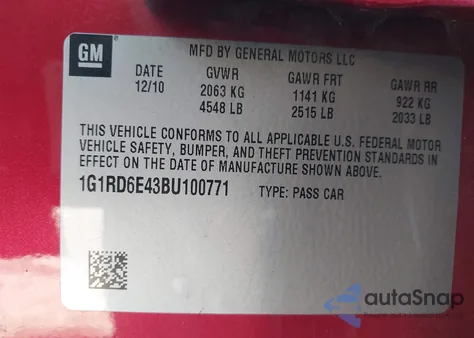 2011 Chevrolet Volt from USA, damaged, VIN 1G1RD6E43BU100771